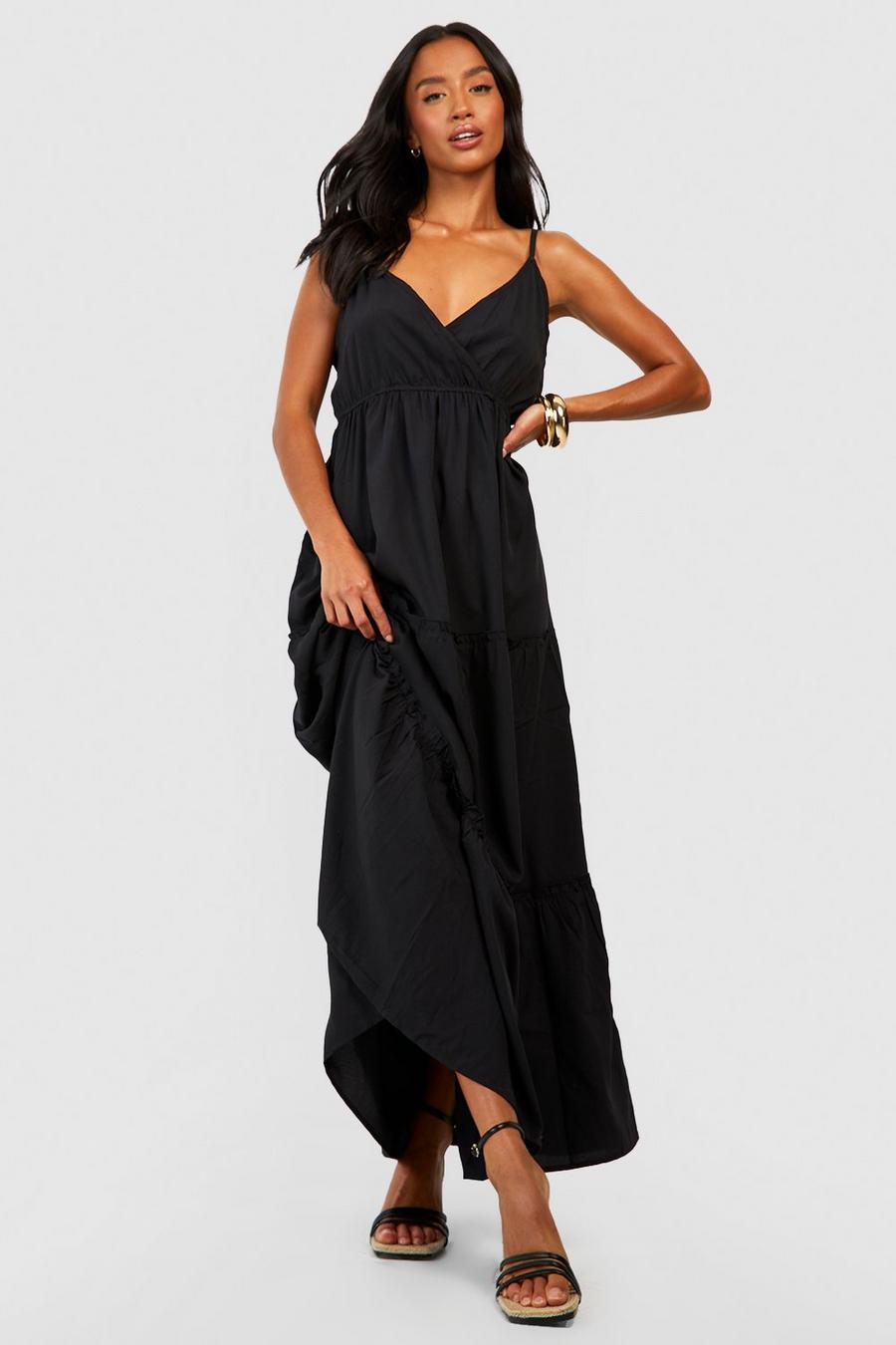 Black Petite Woven Wrap Tiered Maxi Dress