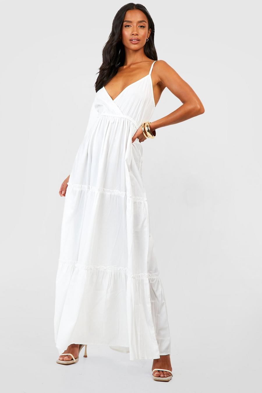White Petite Woven Wrap Tiered Maxi Dress