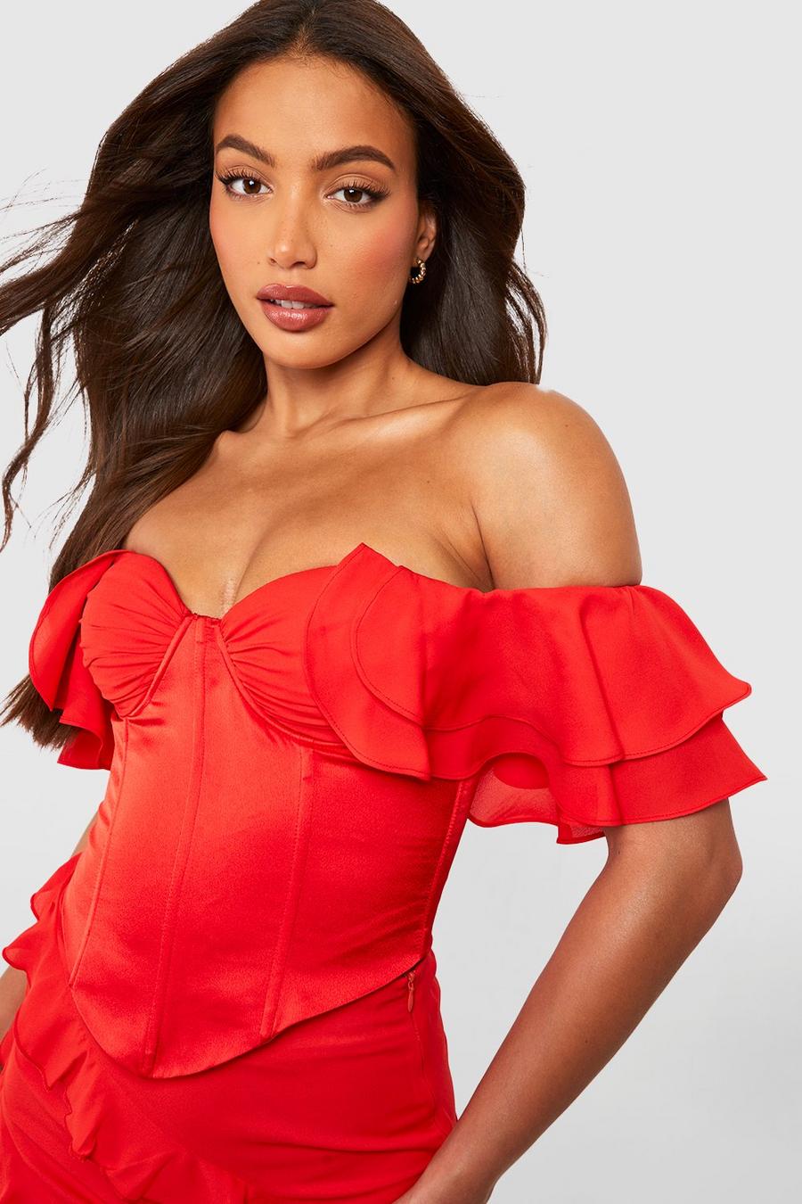 Red Tall Satin And Chiffon Corset Off Shoulder Top