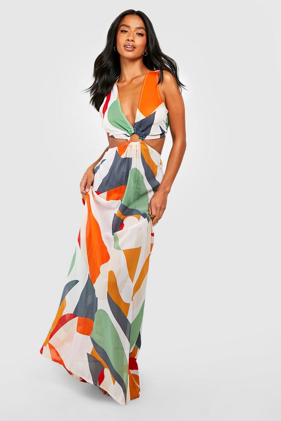 White Petite O-ring Printed Cut Out Beach Dress Gets image number 1