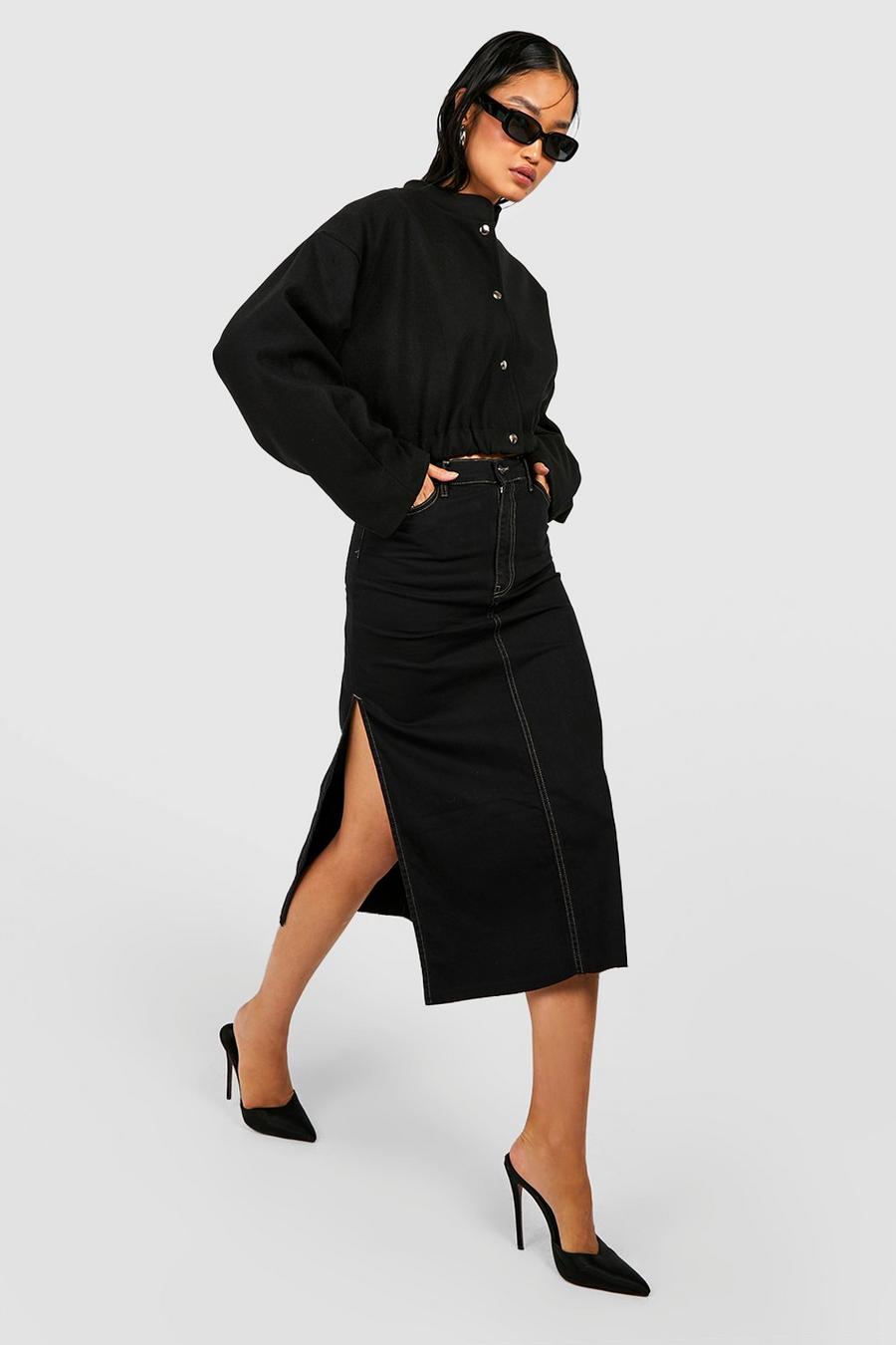 Black Split Side Contrast Stitch Denim Midi Skirt image number 1