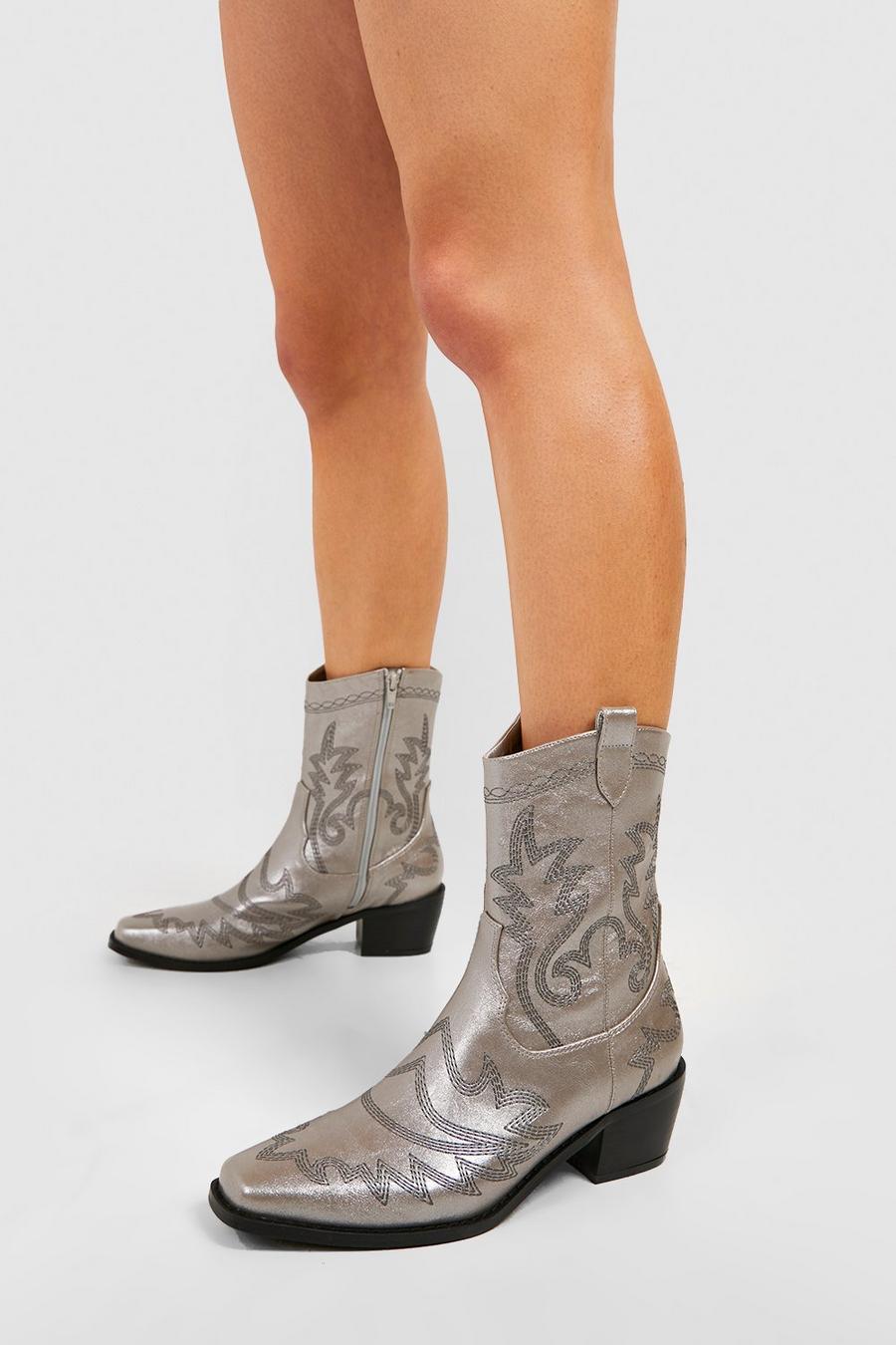 Silver Wide Fit Metallic Stitch Detail Western Cowboy Boots   