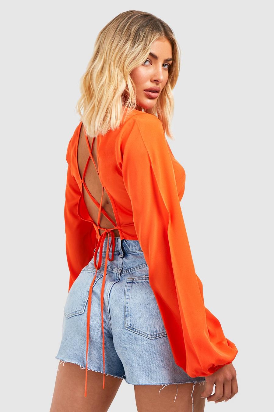 Tie Back Detail Balloon Sleeve Cropped Top