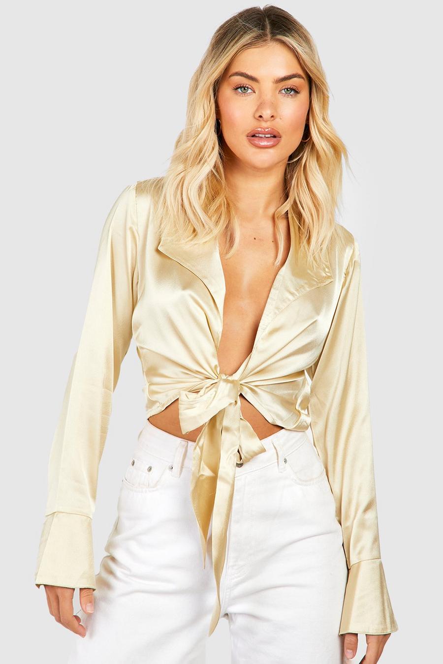 Sand Long Sleeve Satin Tie Front Shirt 