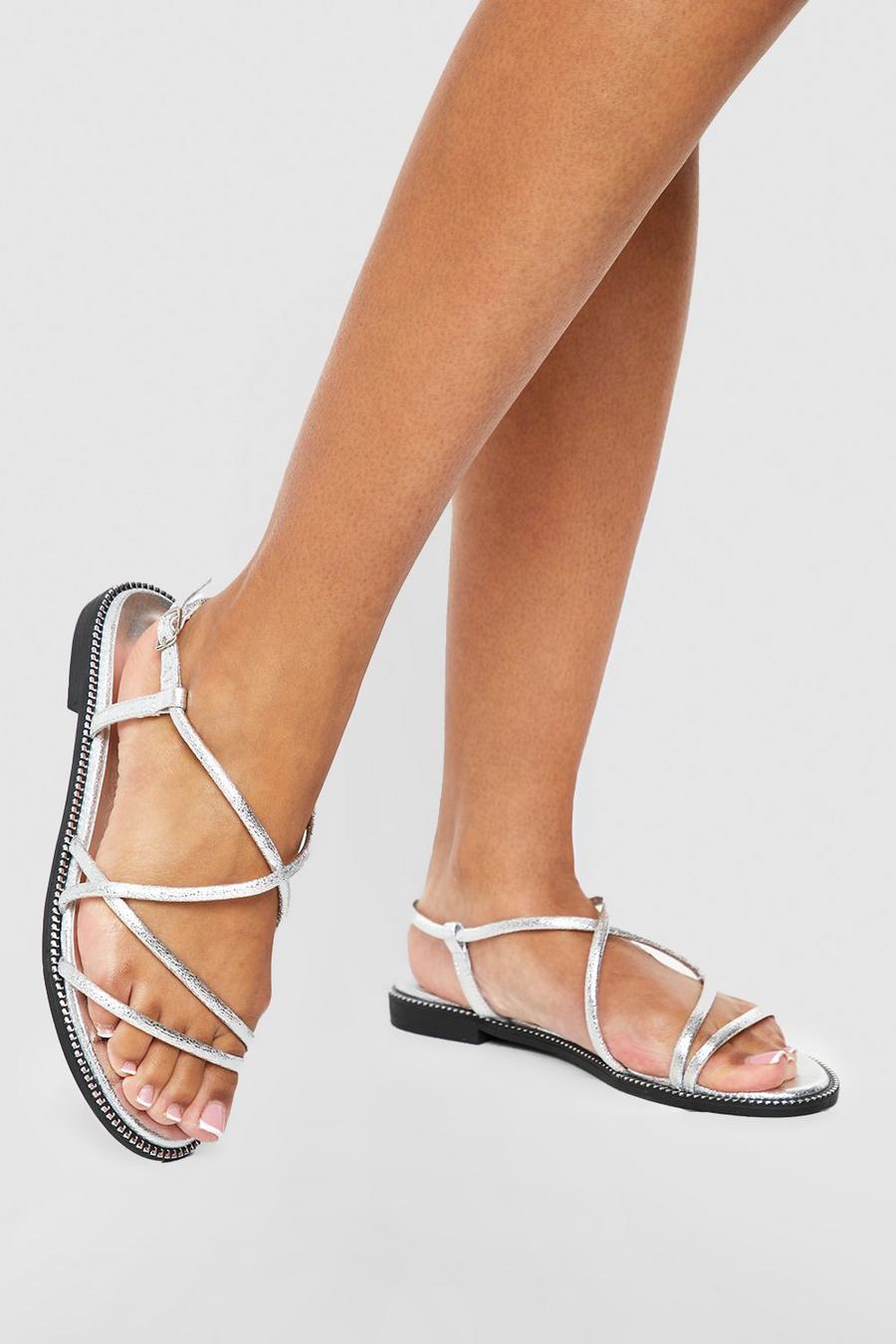 Silver Padded Skinny Strap Flat Sandals image number 1
