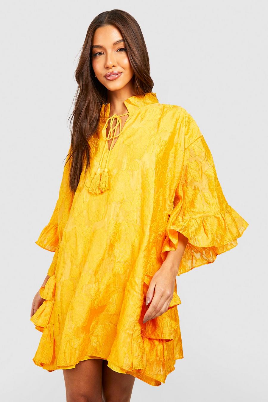 Mustard Textured Woven Ruffle Smock Dress