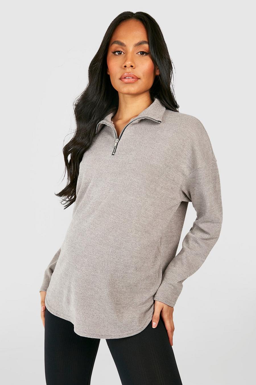 Grey Maternity Soft Knit Half Zip Sweater