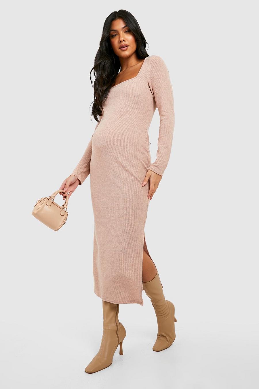 Camel Maternity Square Neck Soft Knit Jumper Dress