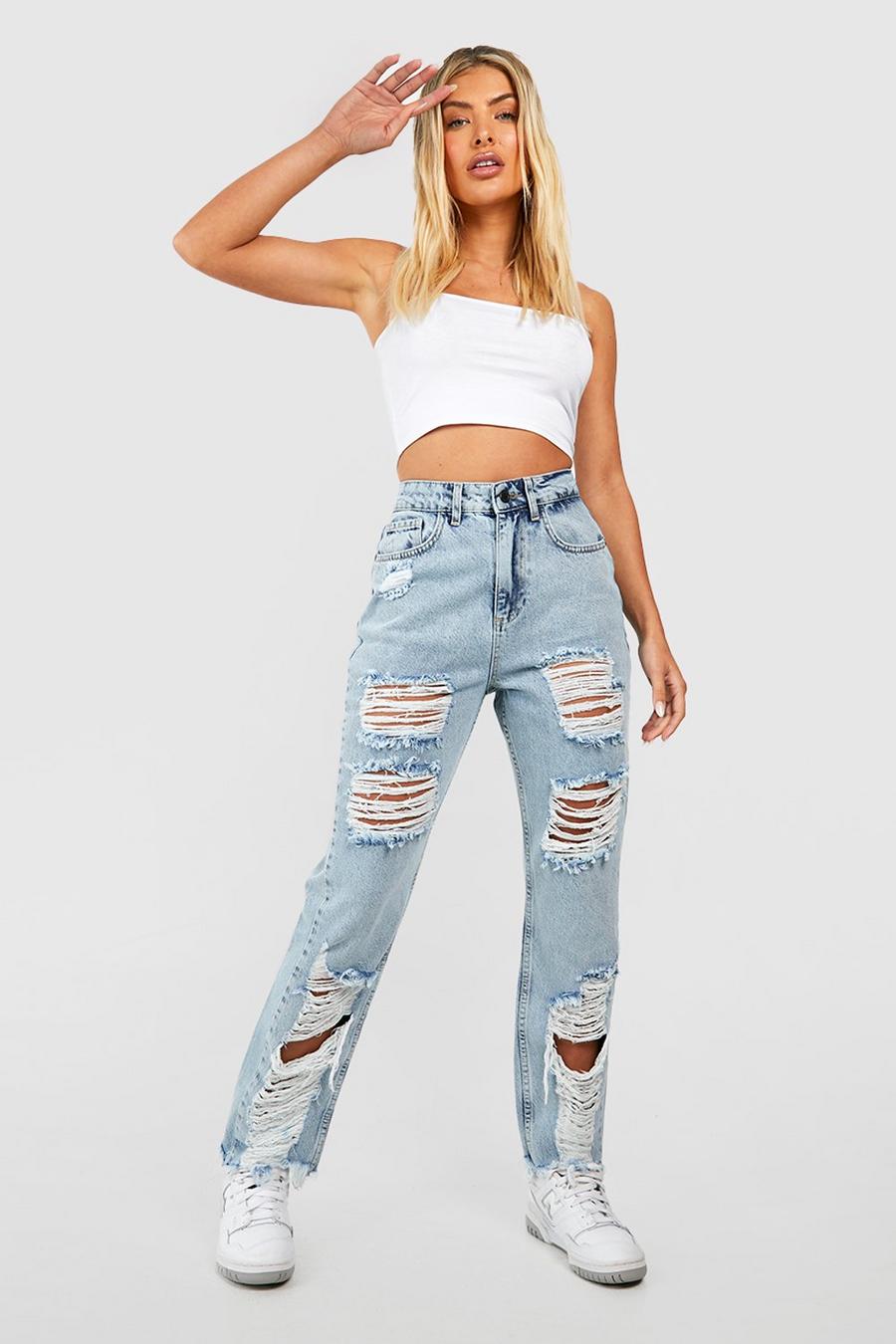 Light wash Super Distressed High Waisted Mom Jeans