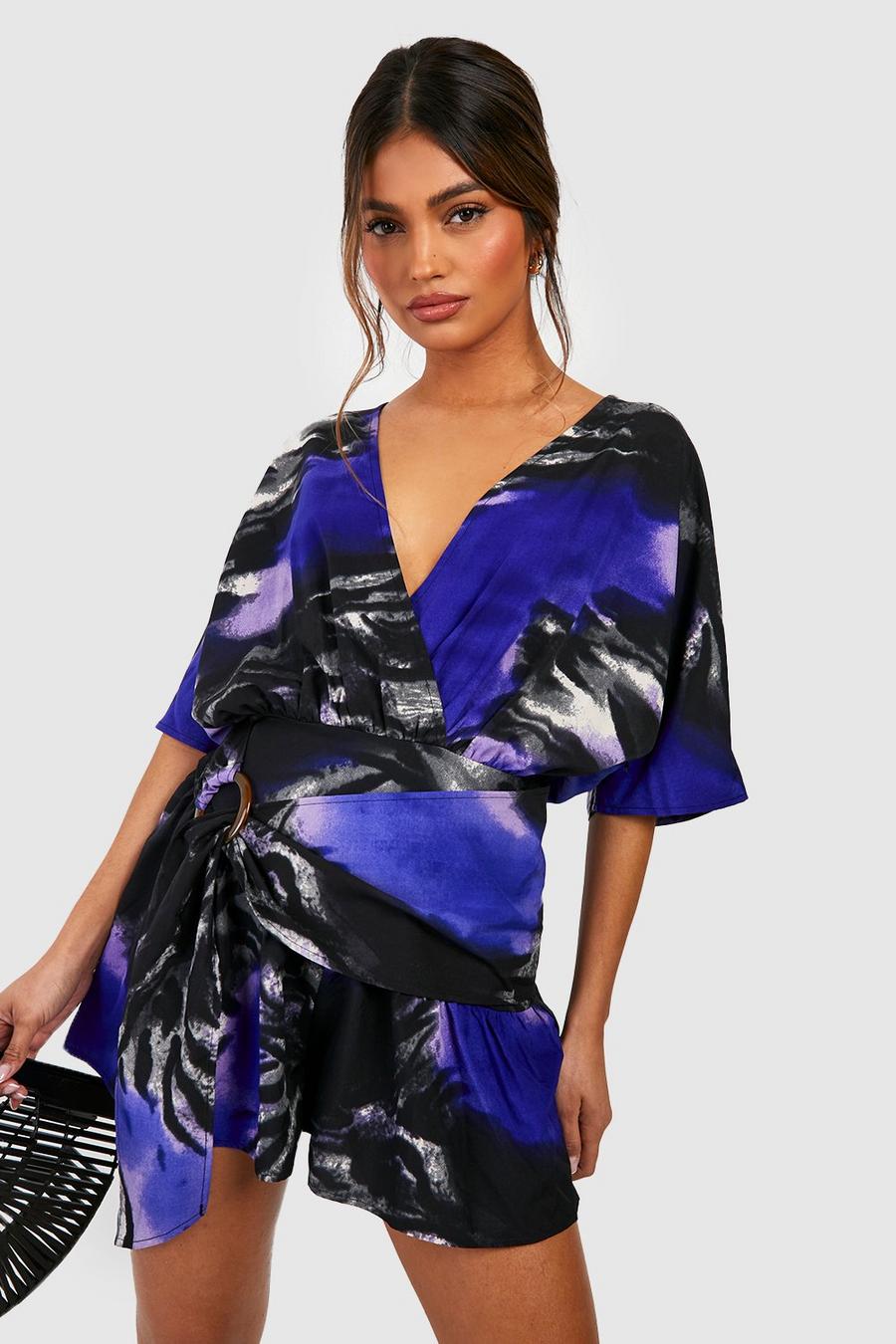 Purple Printed Wrap Over Playsuit