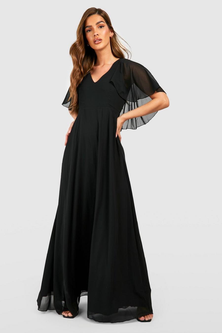 Black Chiffon Cape Sleeve Maxi Bridesmaid Dress