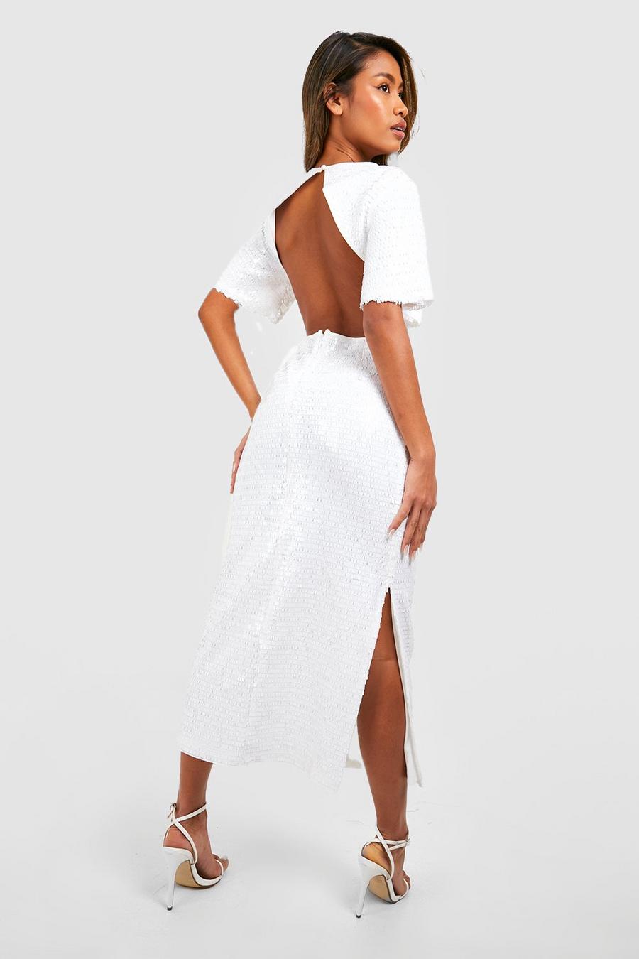 White Sequin Backless Midi Dress