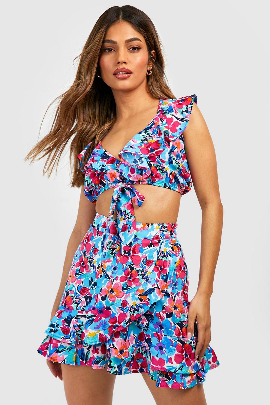Azure Floral Tie Front Crop & Ruffle Shorts