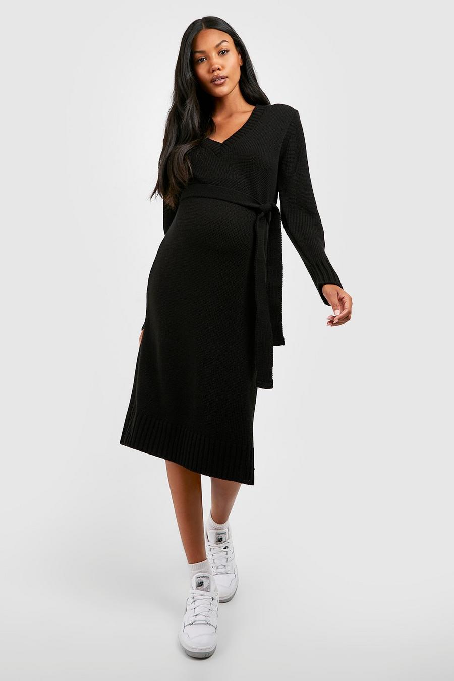 Black Maternity V Neck Jumper Midi Dress