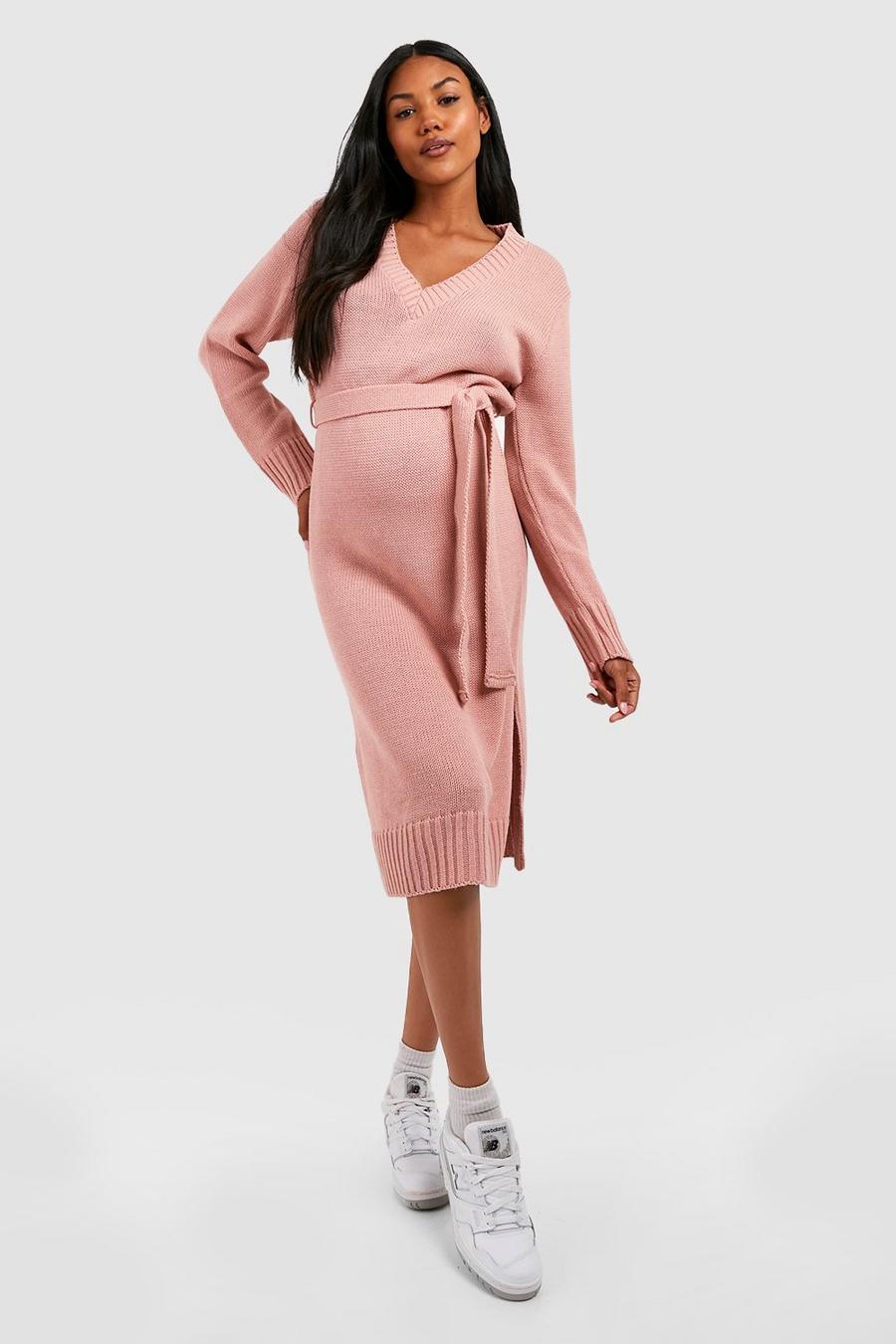 Pink Maternity V Neck Sweater Midi Dress
