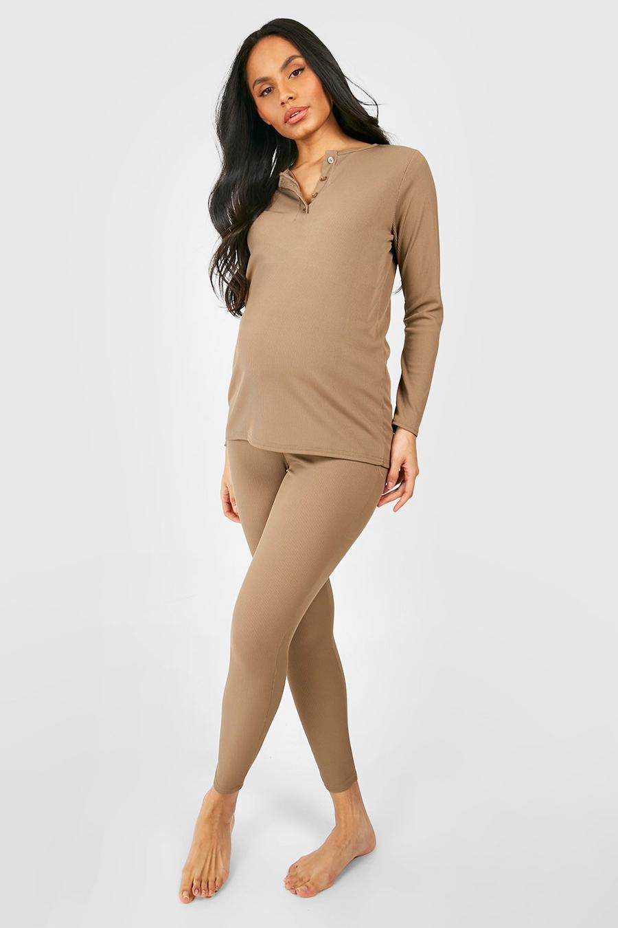Mocha beige Maternity Rib Button Front Long Sleeve Pyjama Set