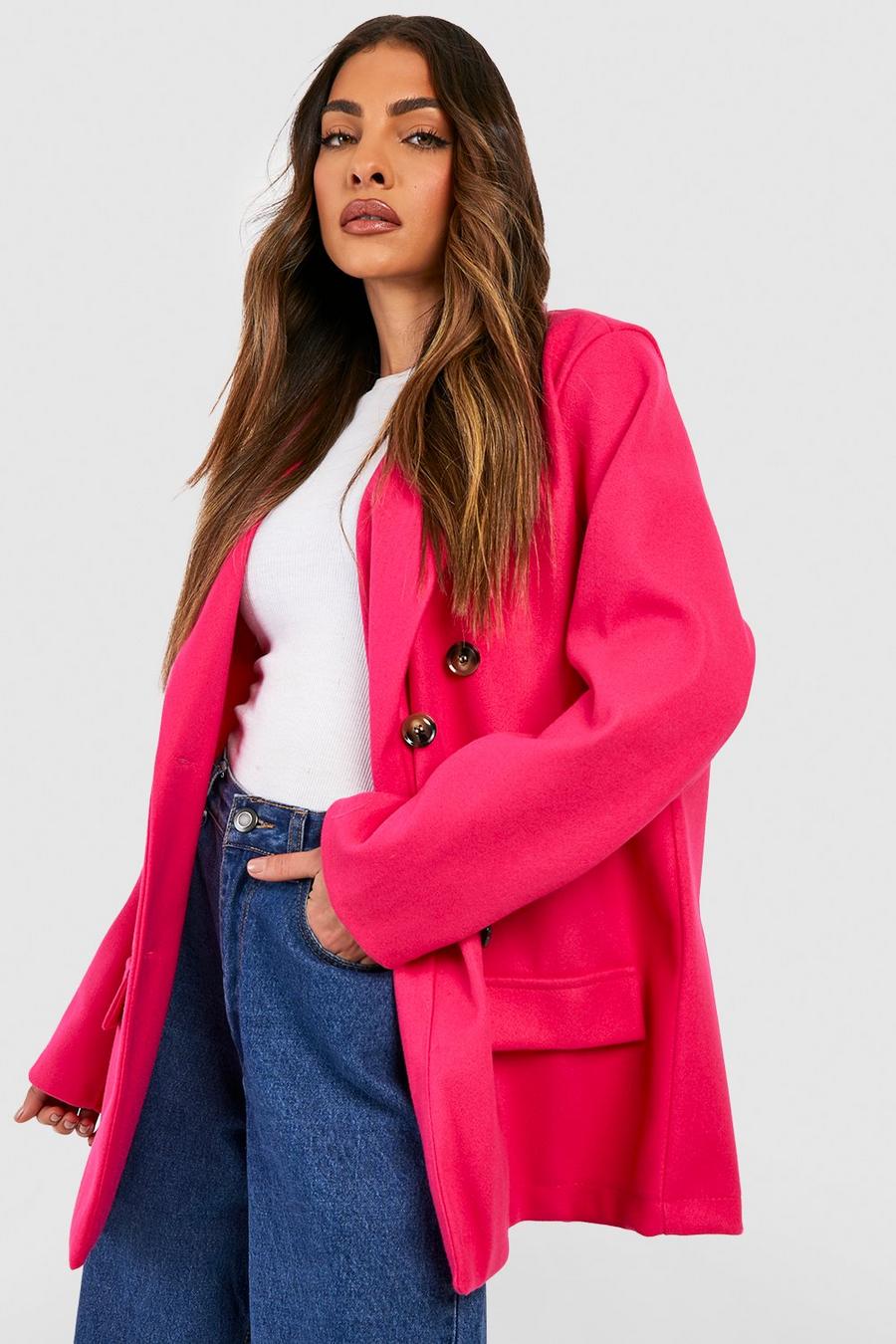 Hot pink Oversized Double Breasted Short Wool Look Coat 
