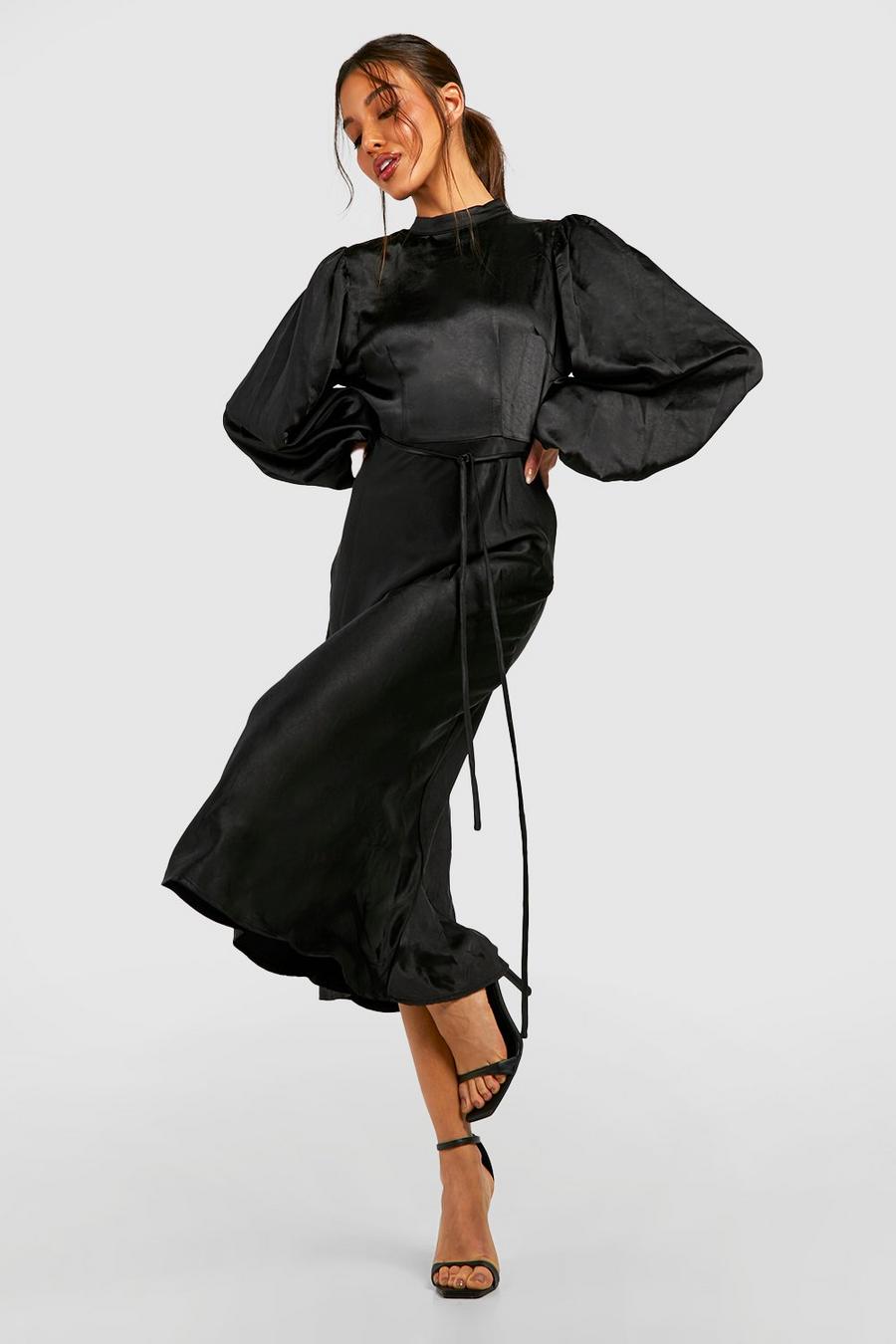 Black Satin High Neck Balloon Sleeve Midi Dress