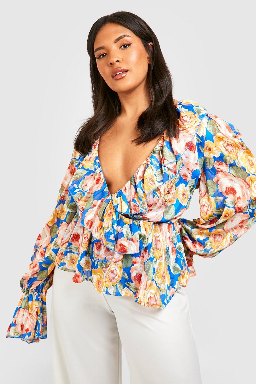 Blusa scaldacuore Plus Size a fiori con volant frontali, Blue