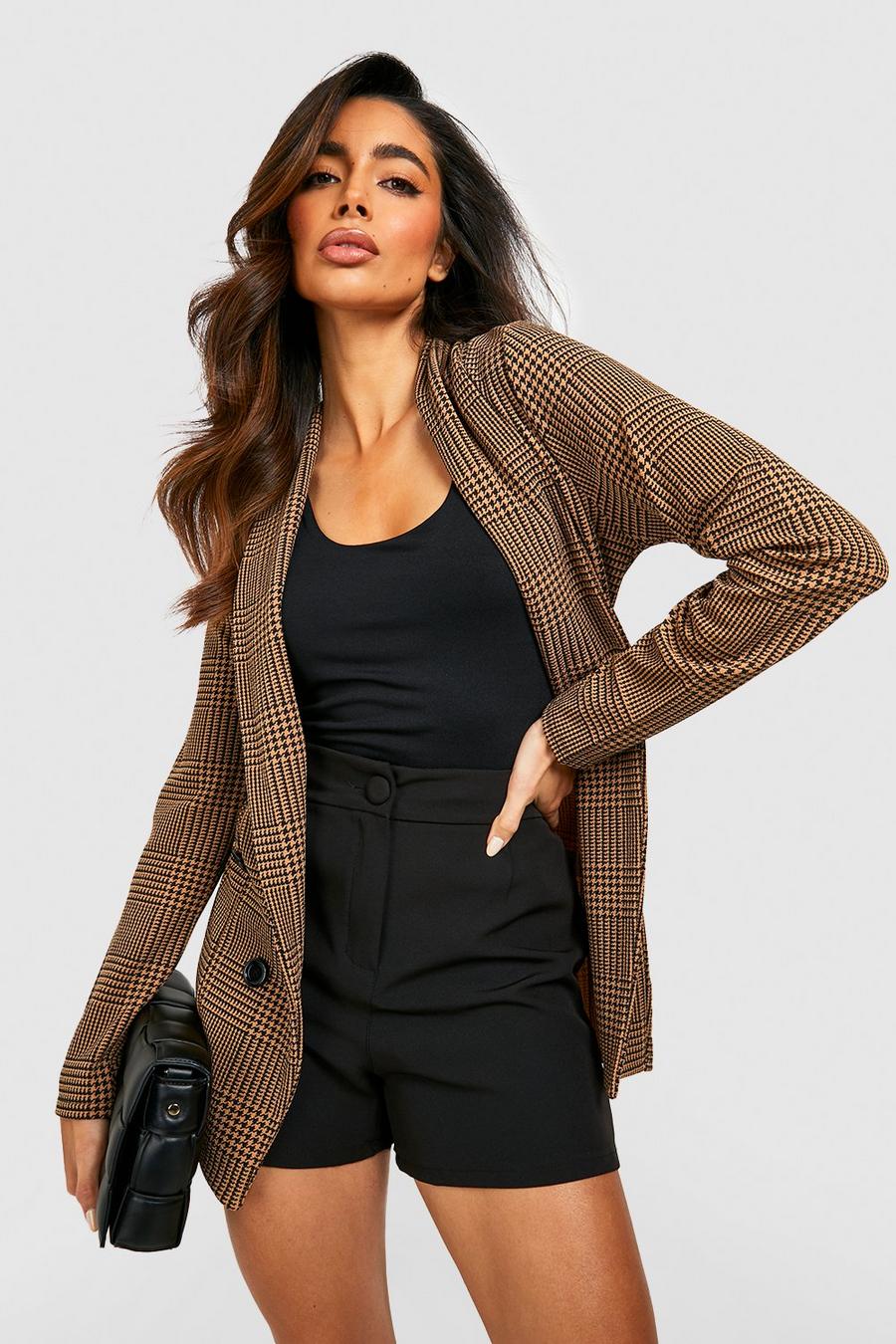 Lockerer Basic Jersey-Blazer mit Hahnentritt-Print, Camel