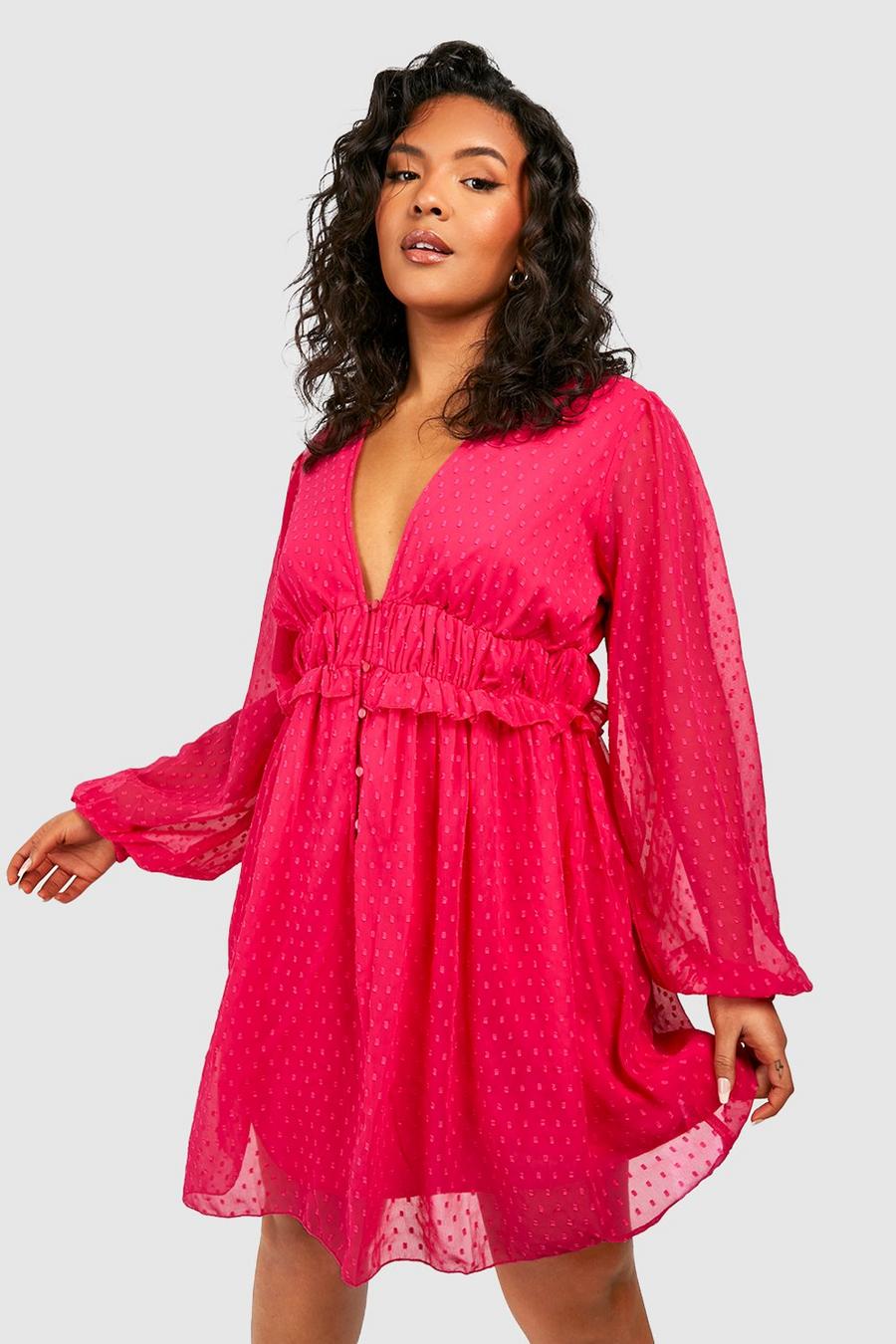 Hot pink Plus Smockklänning med volanger i mesh med struktur