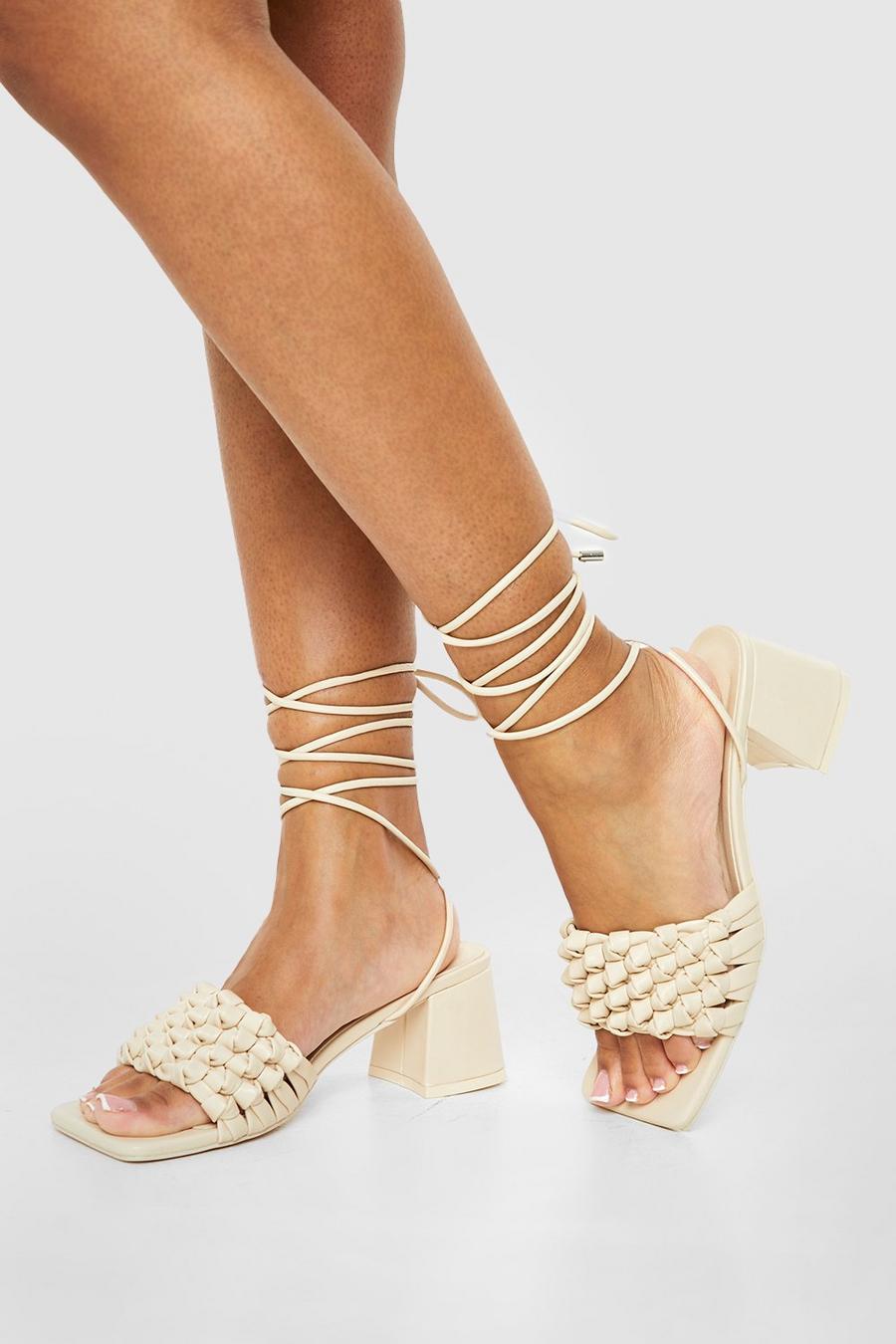 Cream Wide Width Low Block Woven Tie Up Sandals