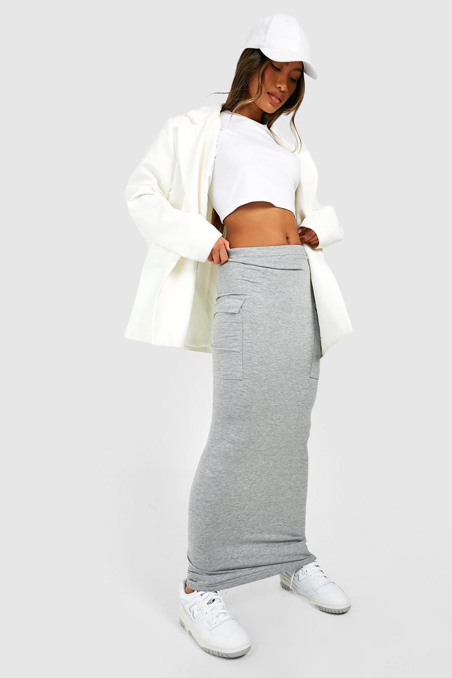 Grey Jersey Knit Split Maxi Cargo Skirt