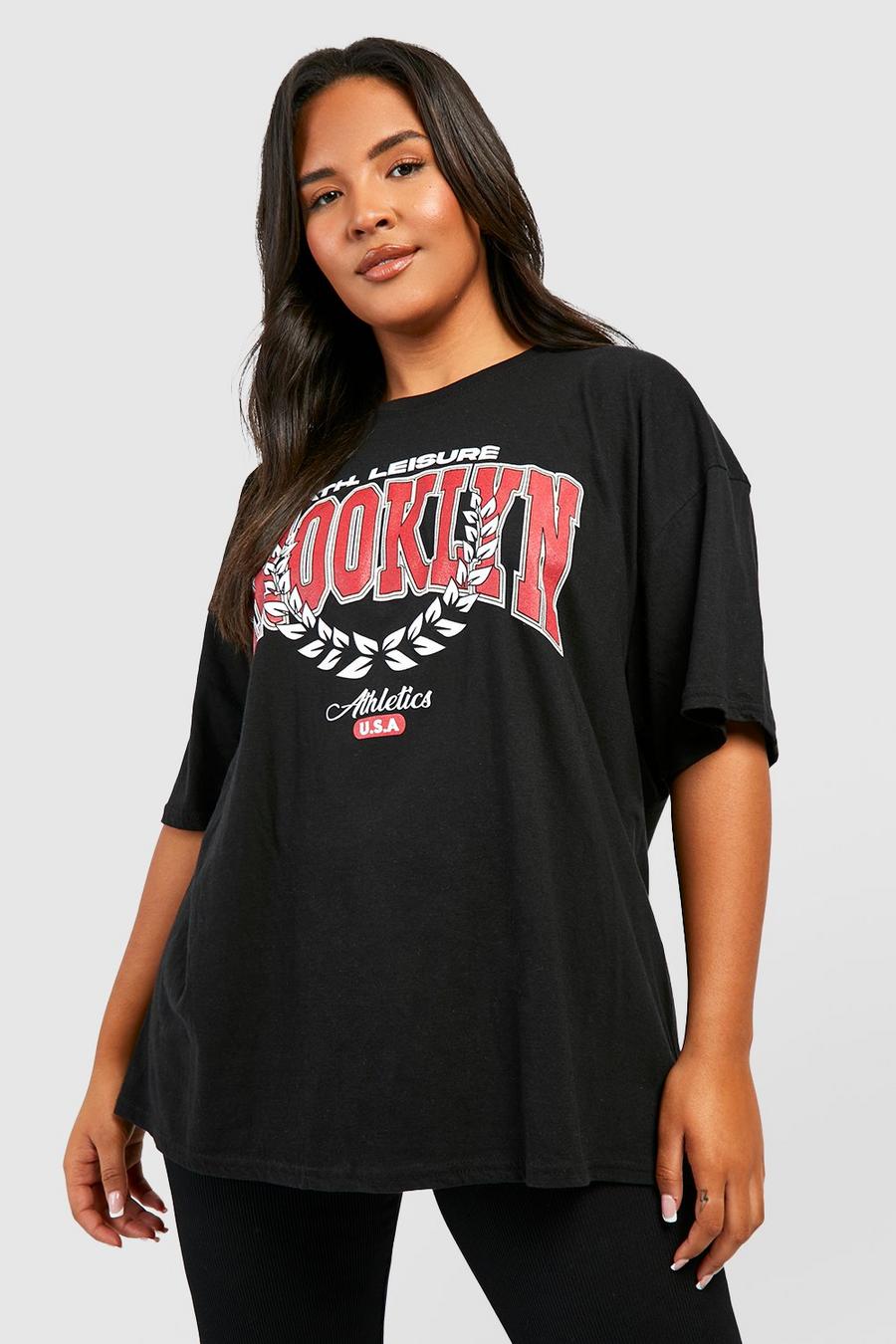 Plus Oversize T-Shirt mit Brooklyn-Print, Black