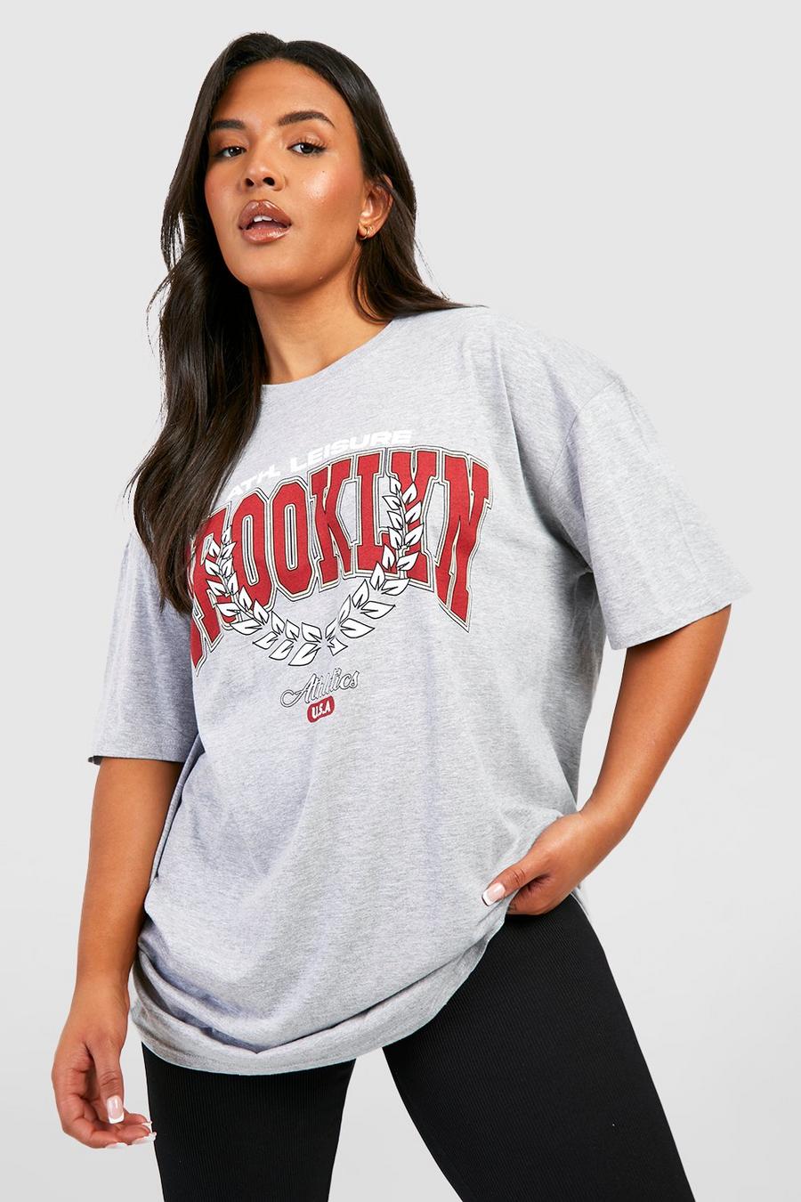 Plus Oversize T-Shirt mit Brooklyn-Print, Grey marl