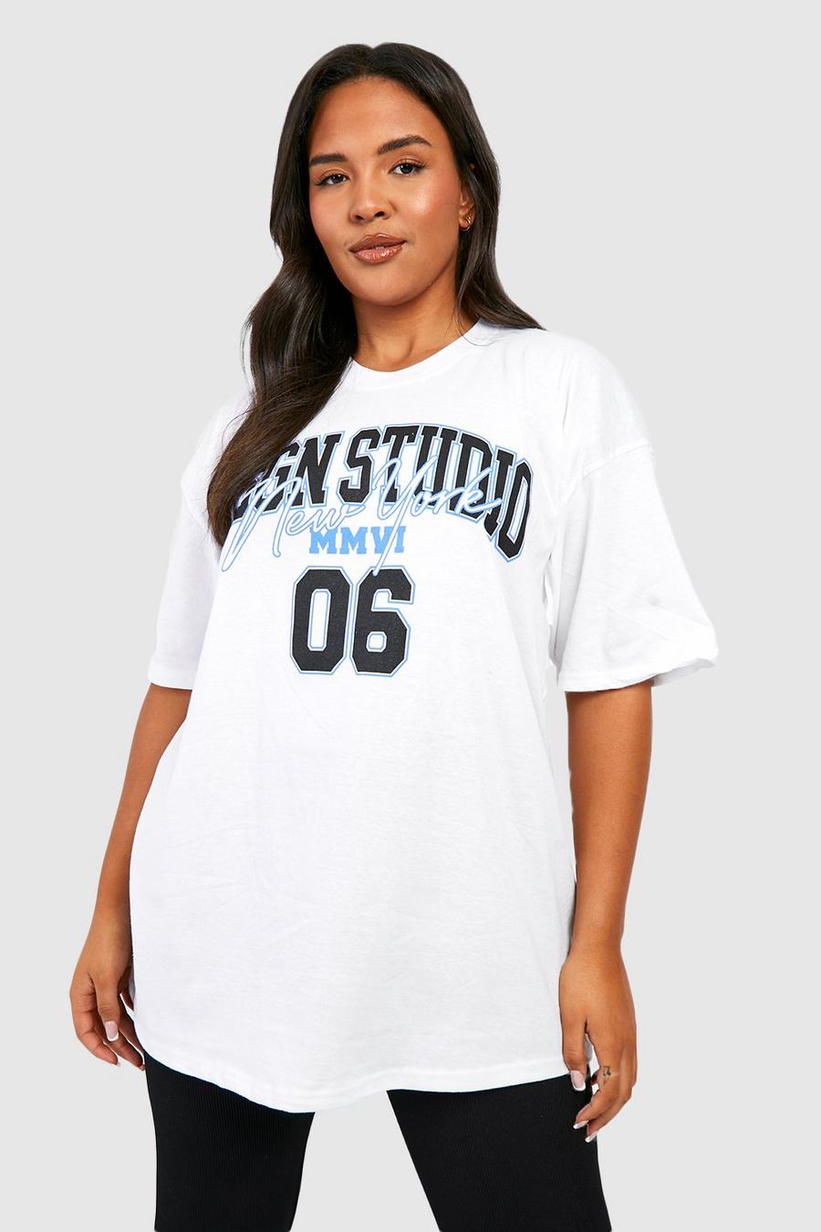 Camiseta Plus oversize con estampado universitario Dsgn Studio, White