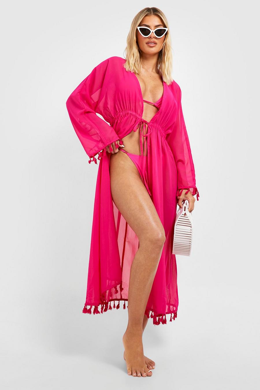 Strand-Kimono mit Quasten-Saum, Pink