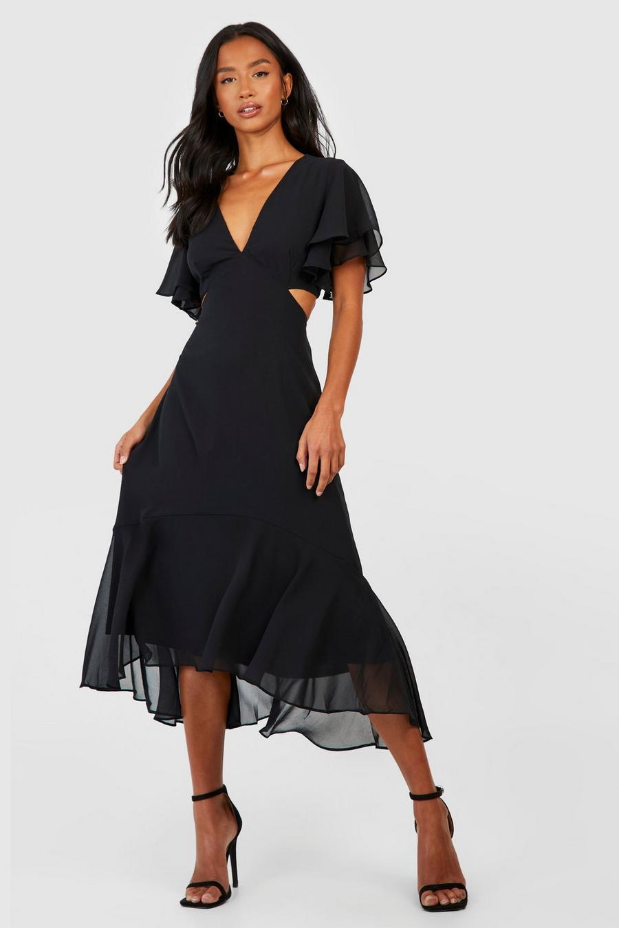 Black Petite V Neck Angel Sleeve Midi Dress