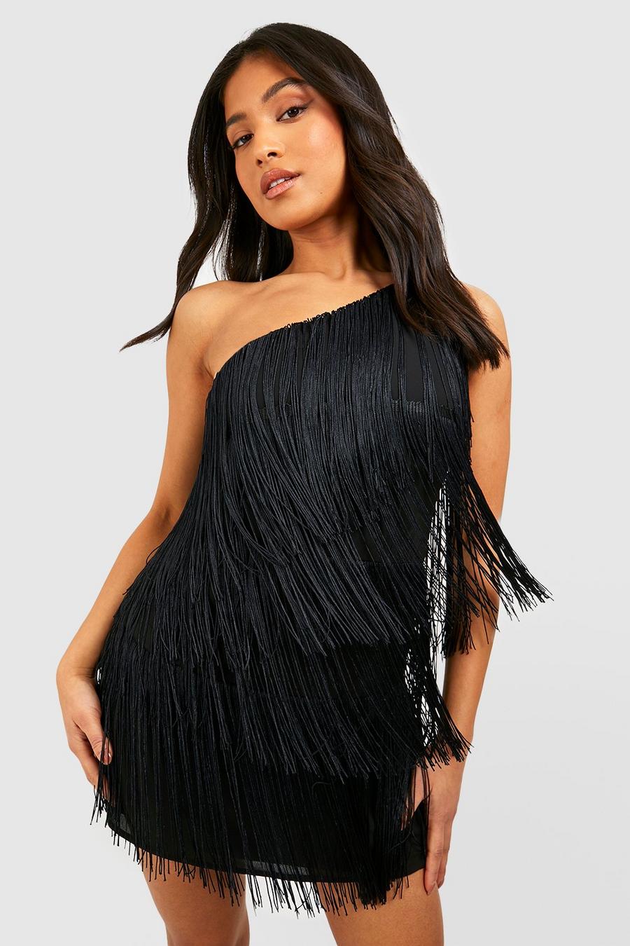 Black Petite Fringe Tassel One Shoulder Mini Dress