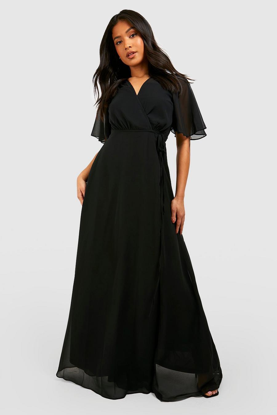 Black Petite Angel Sleeve Wrap Bridesmaid Dress