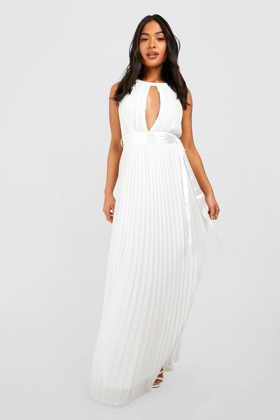 Ivory Petite Pleated Belted Maxi Dress