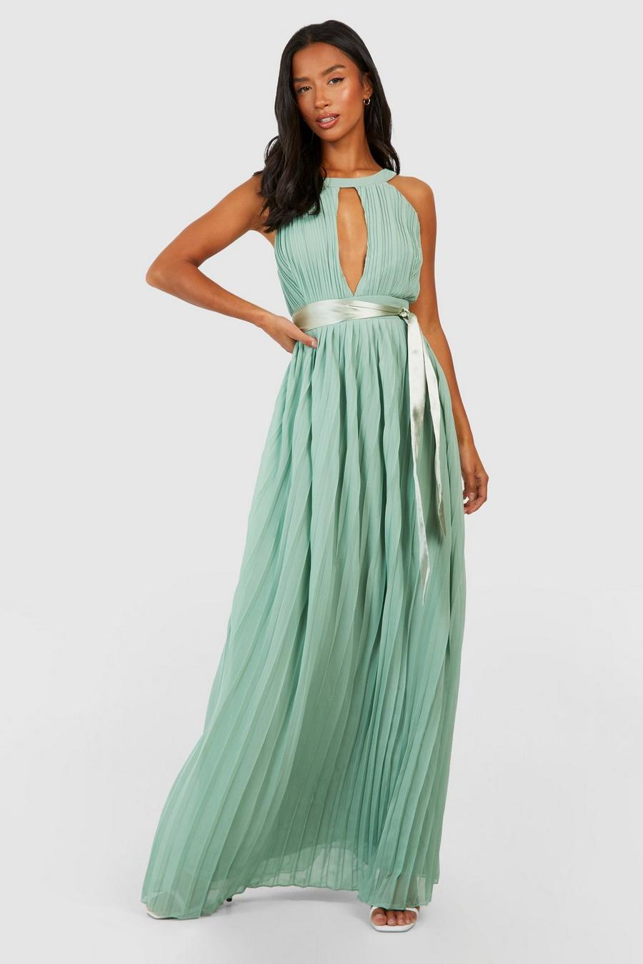 Sage Petite Pleated Belted Maxi Dress