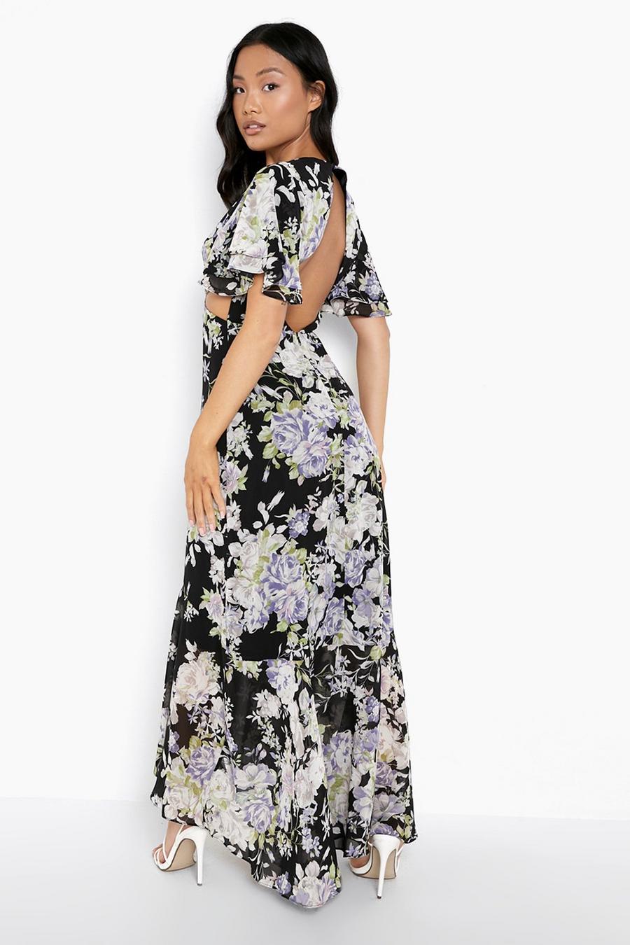 Black Petite Floral Print Angel Sleeve Maxi Dress