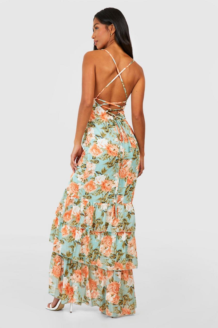 Sage Petite Floral Tiered Ruffle Fitted Maxi Dress