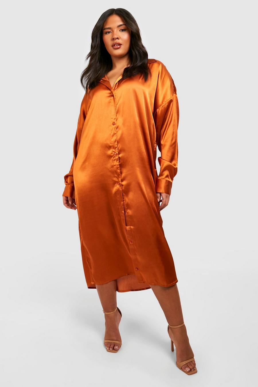 Rust orange Plus Satin Midi Shirt Dress