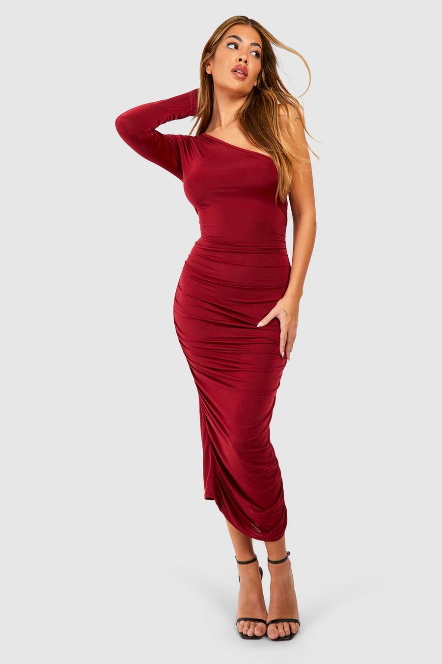 Berry One Shoulder Slinky Ruched Skirt Midi Dress