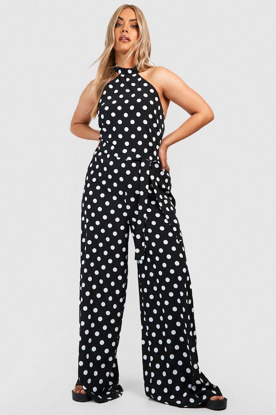 Black Plus Woven Polka Dot Halter Neck Jumpsuit 