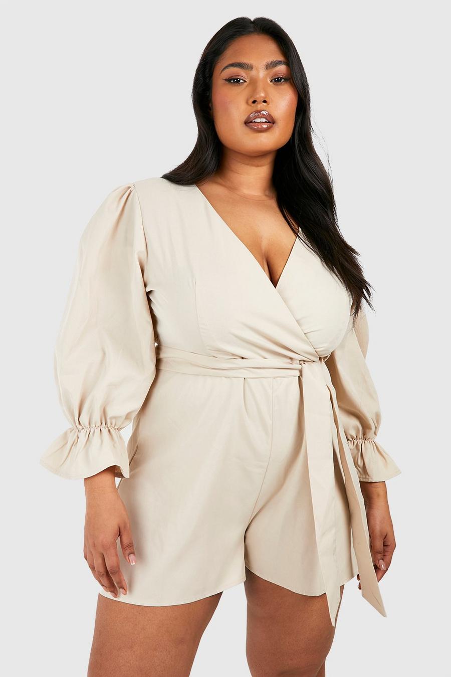Stone Plus Woven Puff Sleeve Wrap Playsuit 
