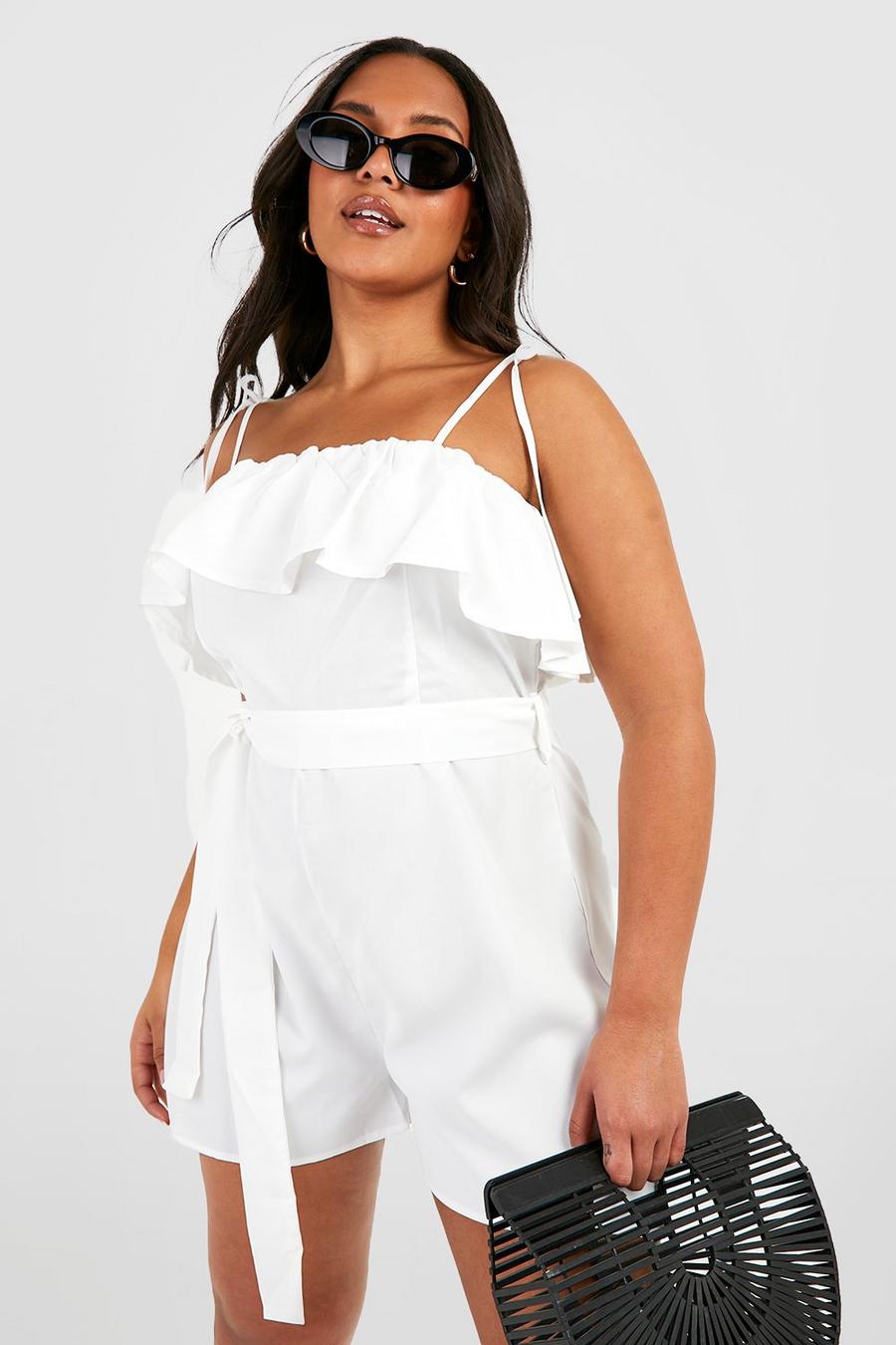 White Plus Woven Belted Frill Playsuit