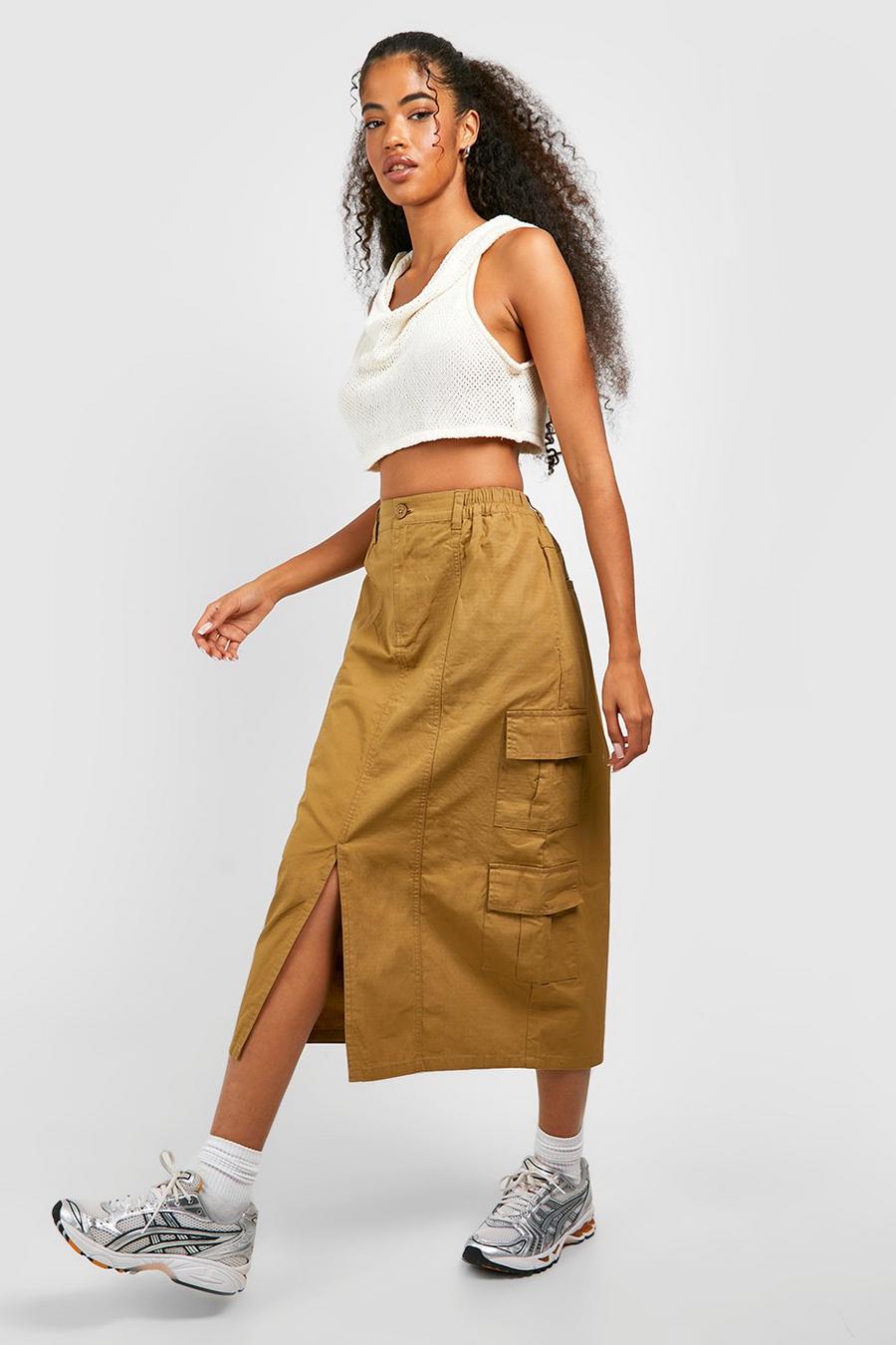 Tan Midi Cargo Rok Met Elastische Taille