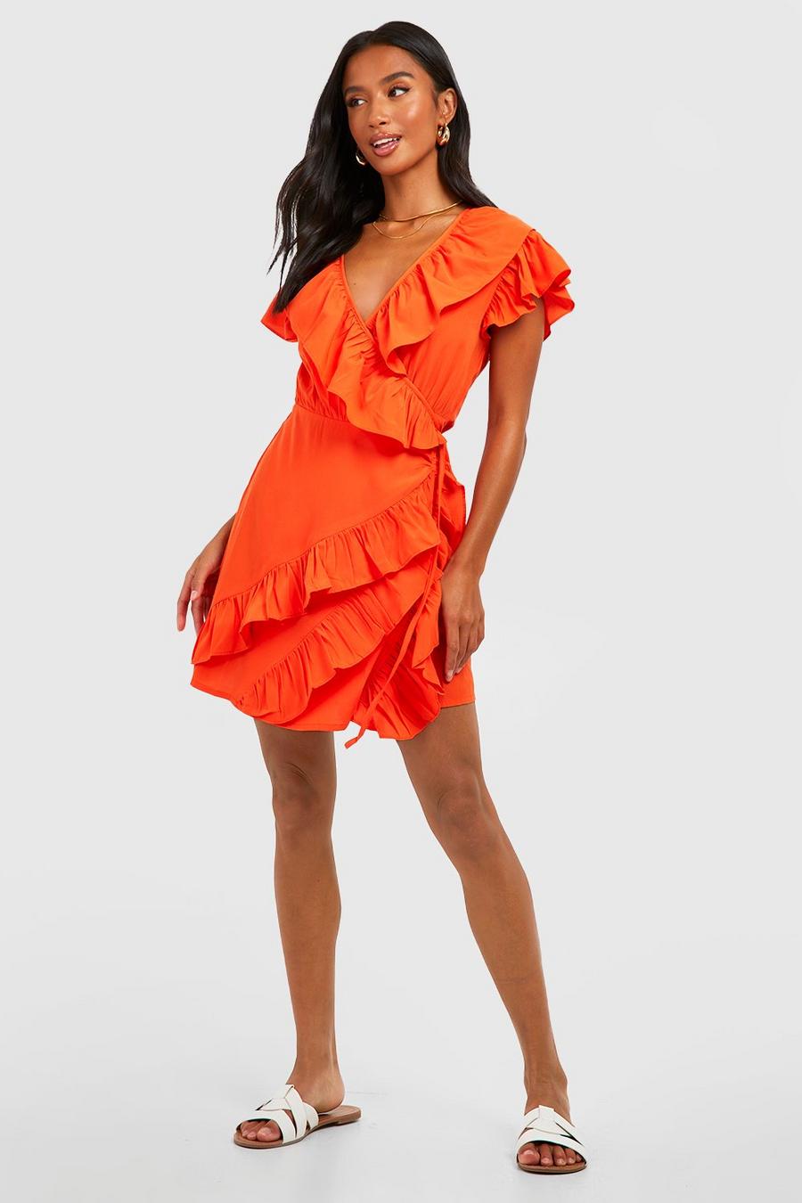 Orange Petite Ruffle Detail Wrap Dress