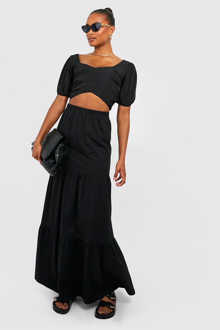 Black Tall Basic Cotton Blend Tiered Maxi Skirt