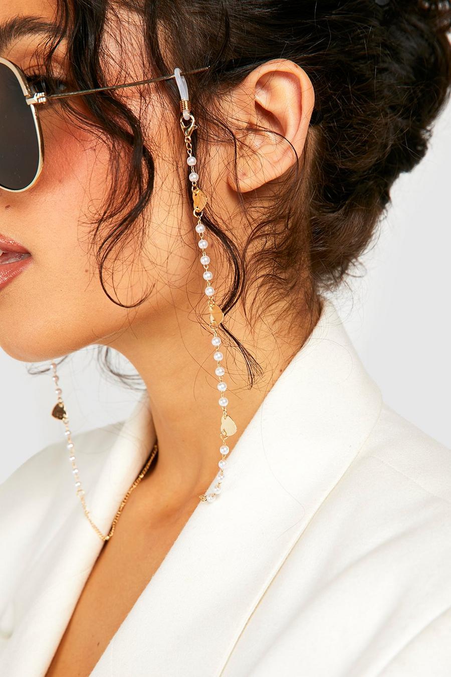 Gold Polished Heart Station Pearl Sunglasses Chain image number 1