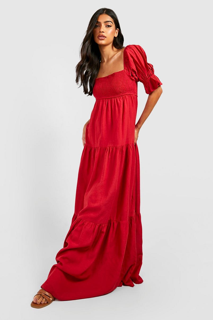 Red Maternity Linen Shirred Tiered Midi Dress