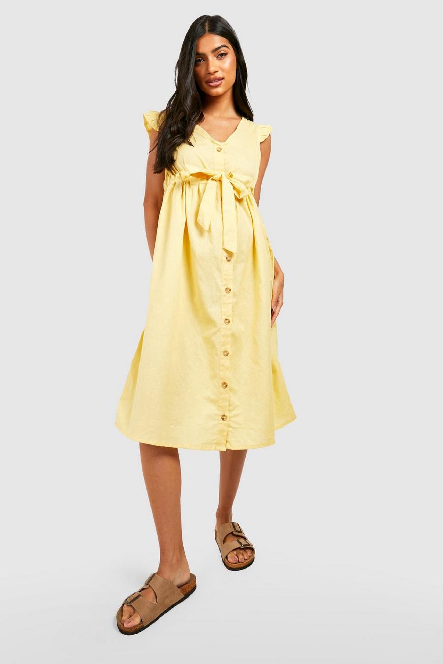 Yellow Maternity Cotton Button Down Midi Dress