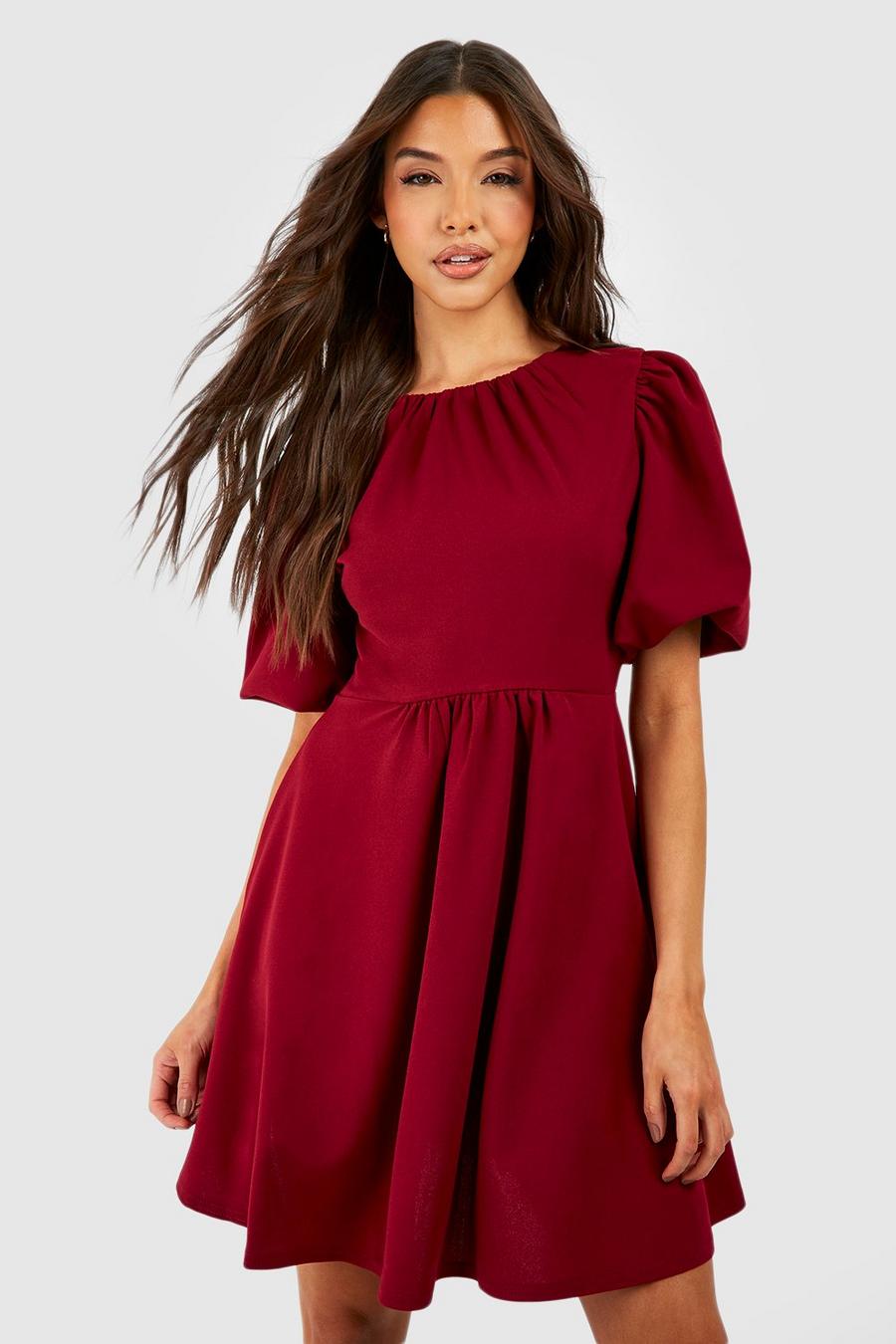 Berry Puff Sleeve Rouched Skater Dress